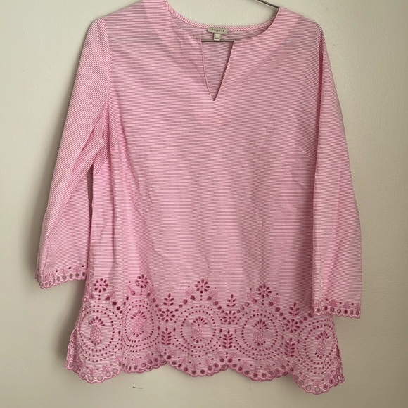 Talbots Pink White Striped Scalloped Hem Split Neck Pullover Women's Size Large - Picture 1 of 7